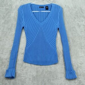 Vintage Moda International Sweater Women Medium Ribbed 90s Bodycon Babydoll Blue